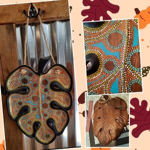 Upcycled vtg wood Leaf dot art handpainted